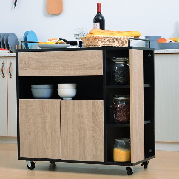 Rolling Kitchen Island, 76.5Wx40Dx82H Cm - Oak/Black Colour