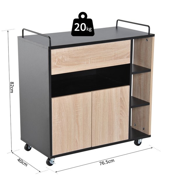 Rolling Kitchen Island, 76.5Wx40Dx82H Cm - Oak/Black Colour