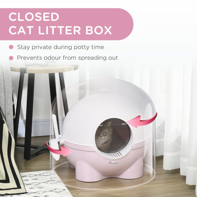 PawHut Large Cat Litter Box, Hooded Cat Litter Tray with Lid, Scoop, Top Handle, Front Entrance, 53 x 51 x 48cm - Pink