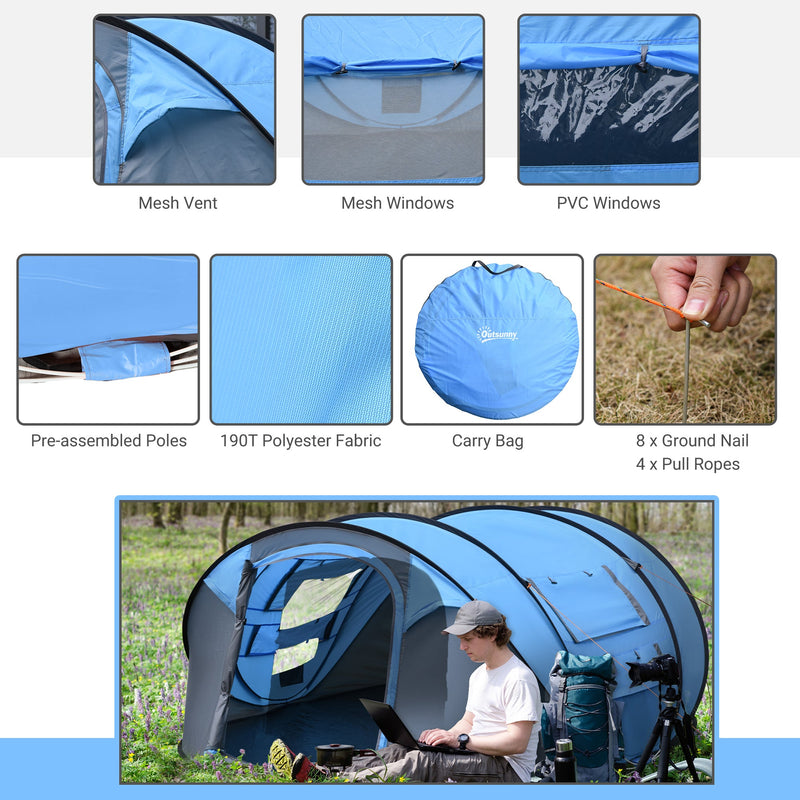 Outsunny 4-5 Person Pop-up Camping Tent Waterproof Family Tent w/ 2 Mesh Windows & PVC Windows Portable Carry Bag for Outdoor Trip Sky Blue