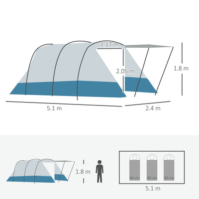 Outsunny 6-8 Person Tunnel Tent, Camping Tent with Bedroom, Living Room, Sewn-in Floor, 3 Doors and Carry Bag, 2000mm Water Column for Fishing, Blue