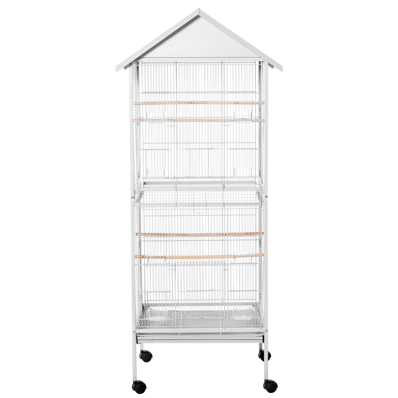 PawHut 170cm Metal Bird Cage Parrot Cage Mobile Feeder with Rolling Stand Perches Food Containers Doors Wheels White