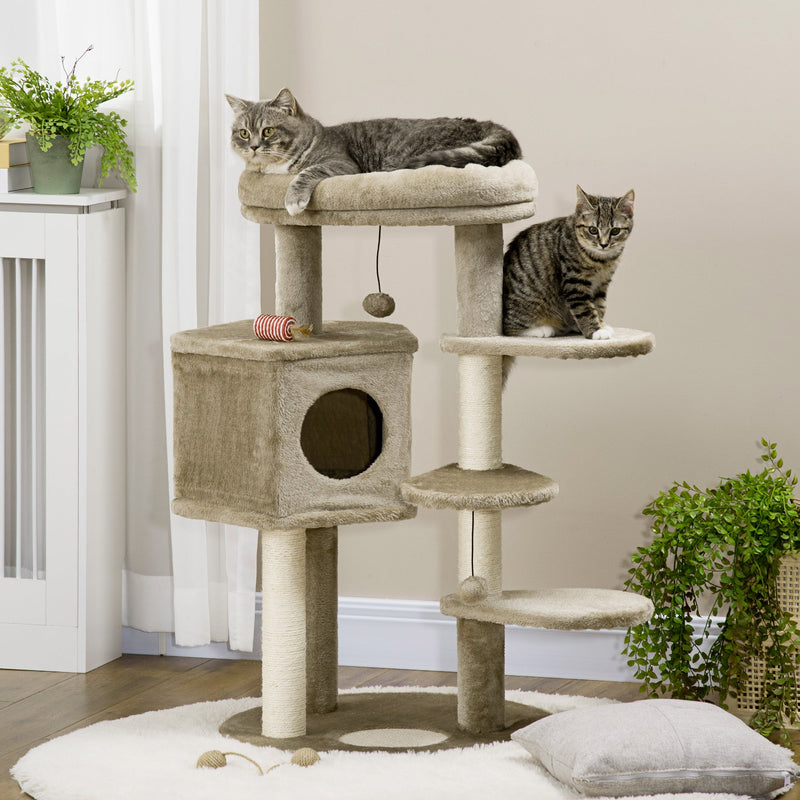 PawHut Cat Tree, Cat Tower for Indoor Cats with Sisal Scratching Post, Ramp, Kitten Bed, Condo, Ball Toy, Brown, 55x55x94 cm