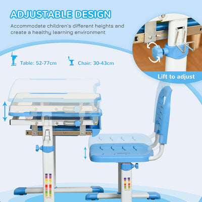 HOMCOM Kids Desk and Chair Set Height Adjustable Student Writing Desk Children School Study Table with Tiltable Desktop, Drawer, Pen Slot, Hook Blue