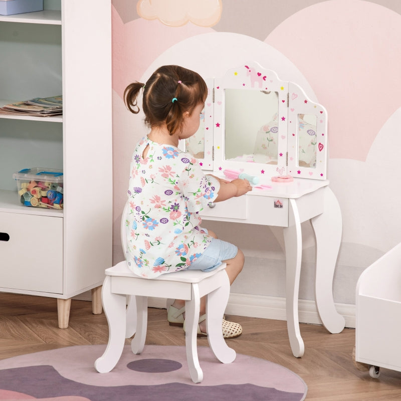 Kids Vanity Table And Stool Girls Dressing , White