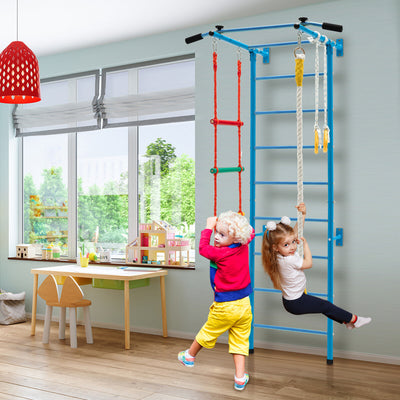 Swedish Ladder Set with Climbing Frame Pull-up Bar Ropes and Rings-Blue