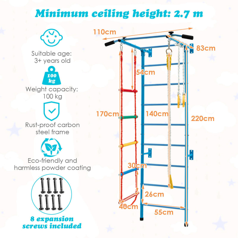 Swedish Ladder Set with Climbing Frame Pull-up Bar Ropes and Rings-Blue