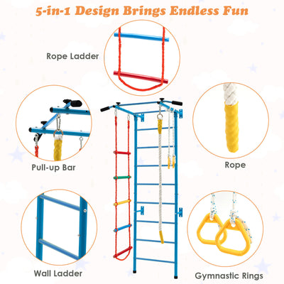 Swedish Ladder Set with Climbing Frame Pull-up Bar Ropes and Rings-Blue