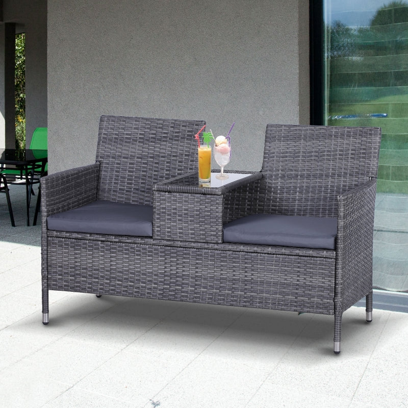 2-Seater PE Rattan Outdoor Garden Bench W/ Centre Table Grey