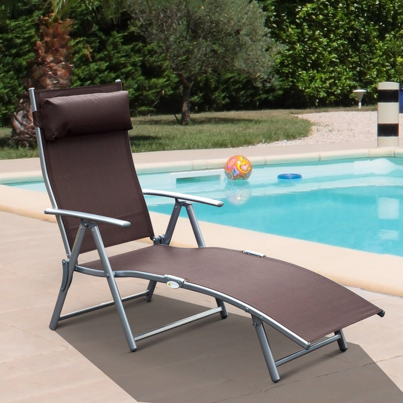 Outsunny Patio Sun Lounger Garden Texteline Foldable Reclining Chair w/ Pillow Outdoor Adjustable Recliner (Brown)