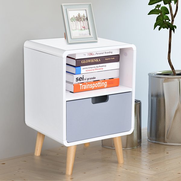 40Lx38Wx58H Cm. Scandinavian Style Bedside Table - White/Grey/Natural Wood Color