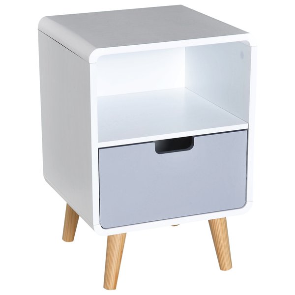 40Lx38Wx58H Cm. Scandinavian Style Bedside Table - White/Grey/Natural Wood Color