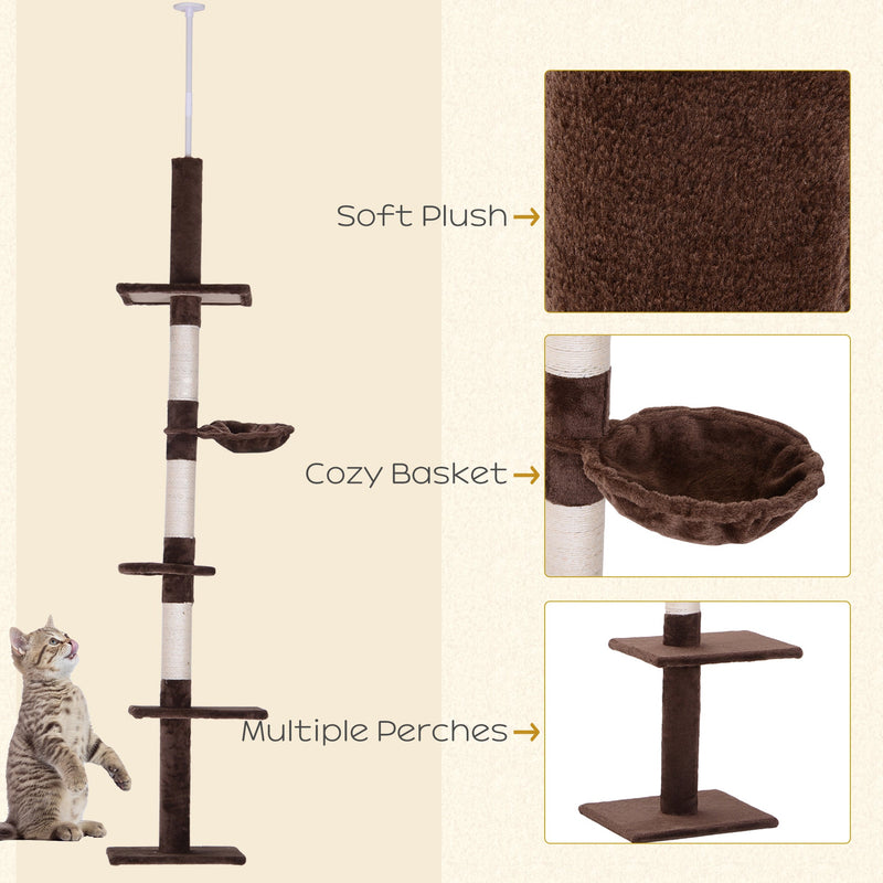 Árbol para gatos PawHut de piso a techo para gatos de interior, torre para gatos de 5 niveles, centro de actividades para escalar, poste rascador, altura ajustable de 230 a 260 cm, color marrón