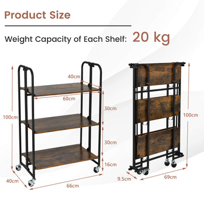 3-Tier Folding Kitchen Island Cart with Metal Frame