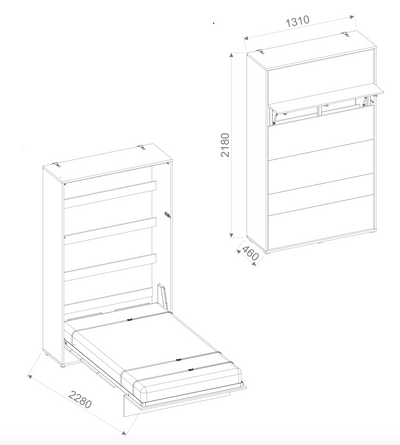 BC-02 Vertical Wall Bed Concept 120cm With Storage Cabinets and LED