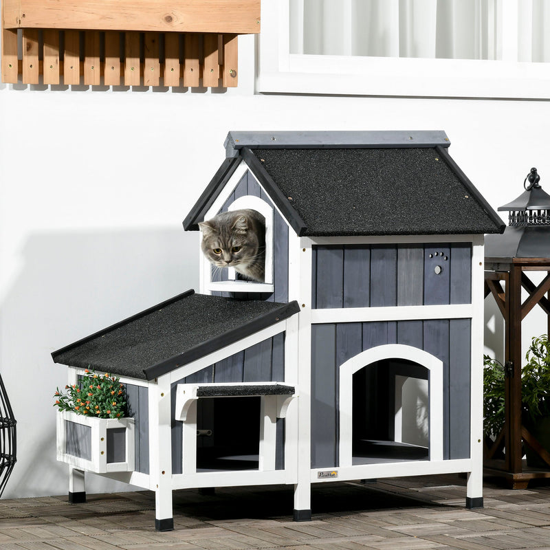 Casa para gatos de madera para exteriores PawHut con maceta, ventanas, varias entradas y techo resistente al agua, color gris