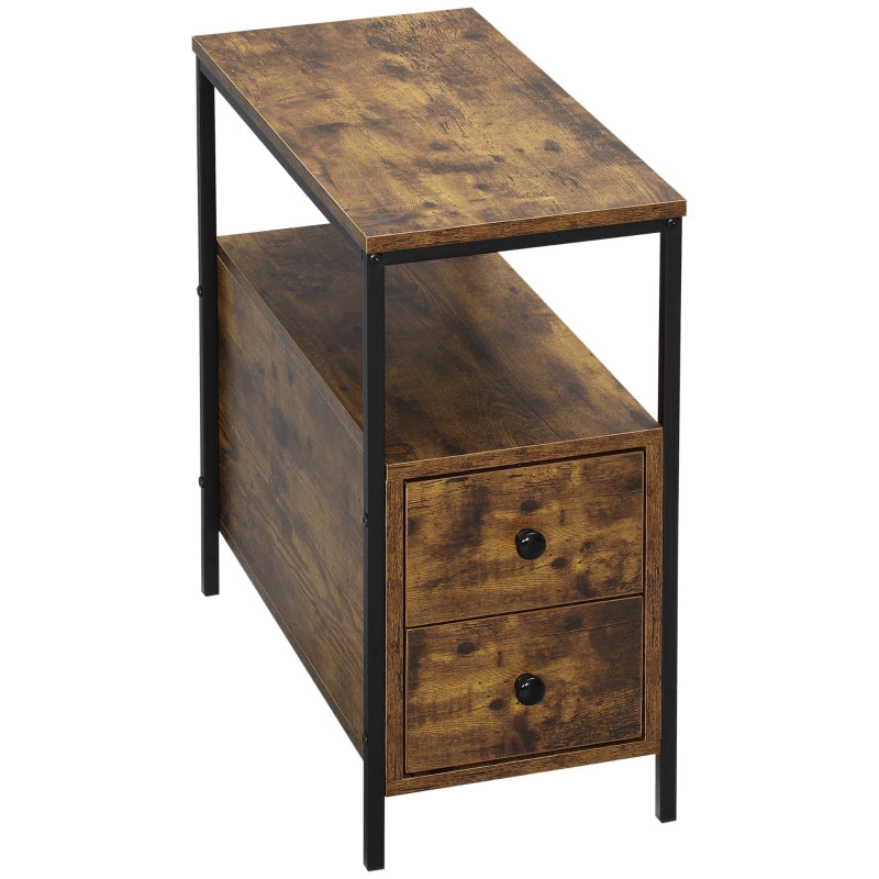 Side Table With 2 Drawers And Storage Shelf, Rustic Brown