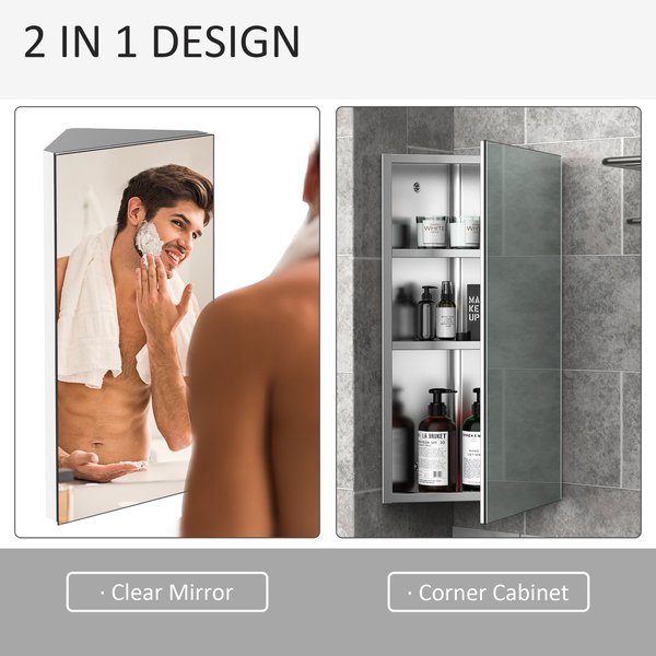 Stainless Steel Bathroom Corner Mirror Cabinet, 1 Door