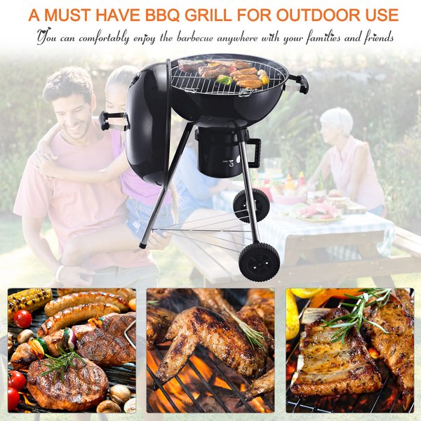 Steel Freestanding Charcoal BBQ Grill W/ Wheels Black