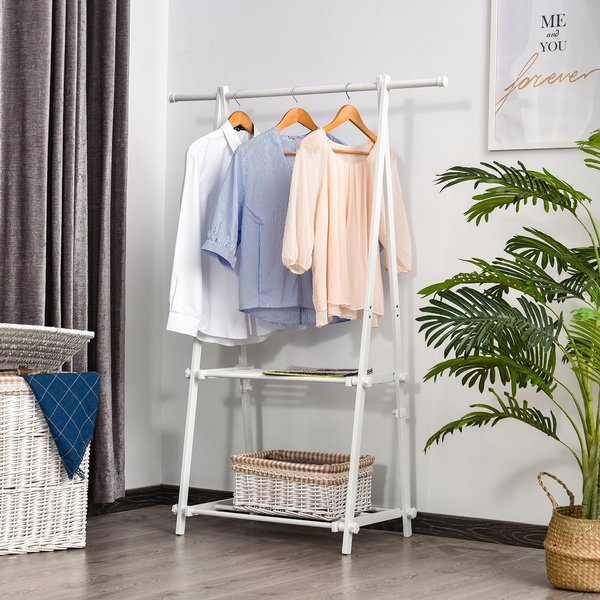 Steel Freestanding Clothes Rail W/ 2 Shelves -  White