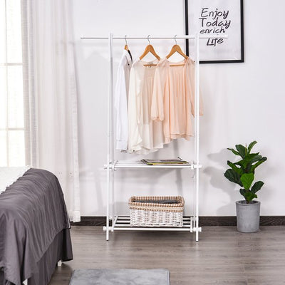 Steel Freestanding Clothes Rail W/ 2 Shelves -  White