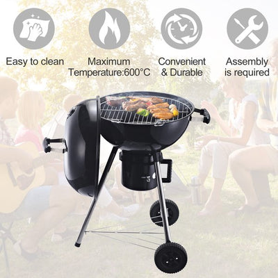 Steel Freestanding Charcoal BBQ Grill W/ Wheels Black