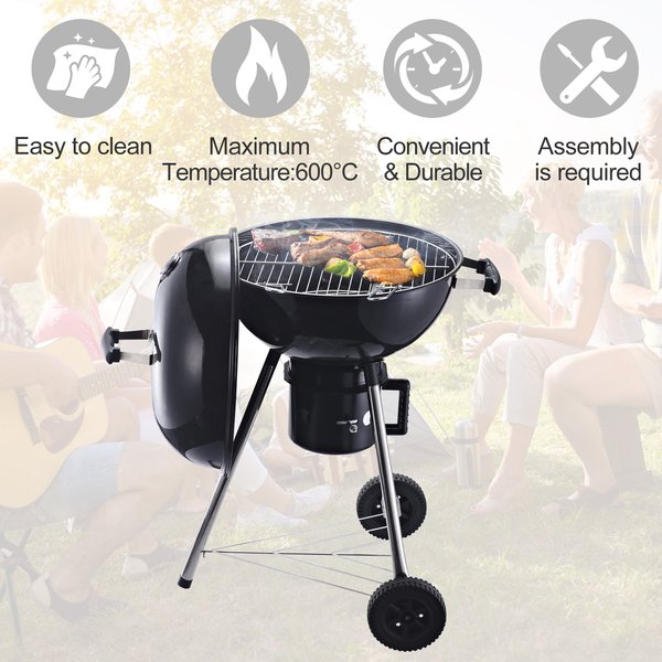 Steel Freestanding Charcoal BBQ Grill W/ Wheels Black