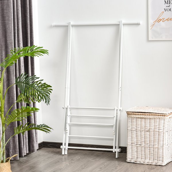 Steel Freestanding Clothes Rail W/ 2 Shelves -  White