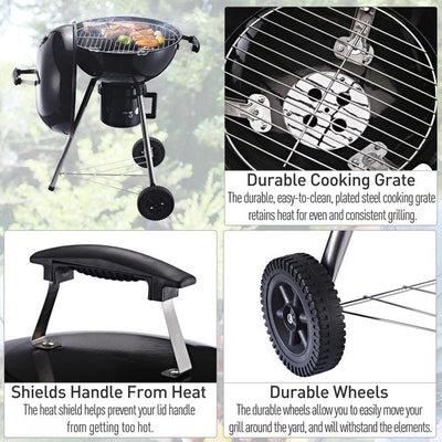 Steel Freestanding Charcoal BBQ Grill W/ Wheels Black