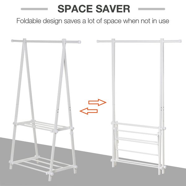 Steel Freestanding Clothes Rail W/ 2 Shelves -  White