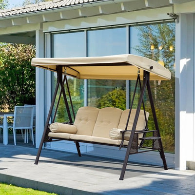 Swing Chair Hammock 3 Seater Canopy Cushion Shelter Outdoor Bench Steel Beige