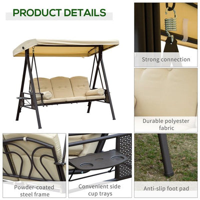 Swing Chair Hammock 3 Seater Canopy Cushion Shelter Outdoor Bench Steel Beige