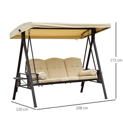 Swing Chair Hammock 3 Seater Canopy Cushion Shelter Outdoor Bench Steel Beige