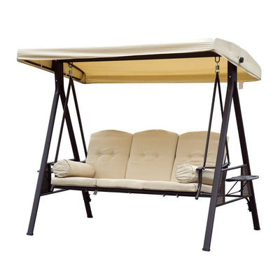 Swing Chair Hammock 3 Seater Canopy Cushion Shelter Outdoor Bench Steel Beige