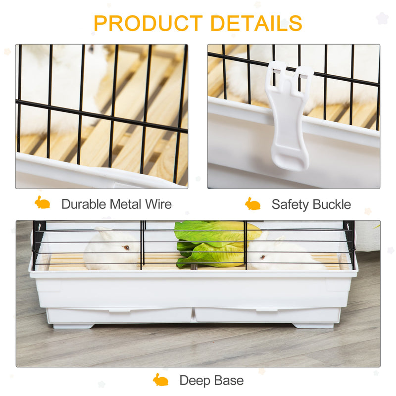 PawHut Indoor Small Animal Cage with Wood Floor, Bunny Guinea Pig House with Removable Tray, 61.5 x 38 x 40 cm, White