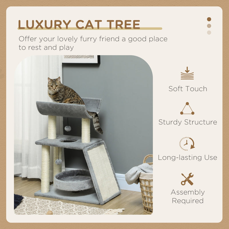 PawHut Cat Tree Tower, with Scratching Posts, Pad, Bed, Perch, Toy Ball, Light Grey