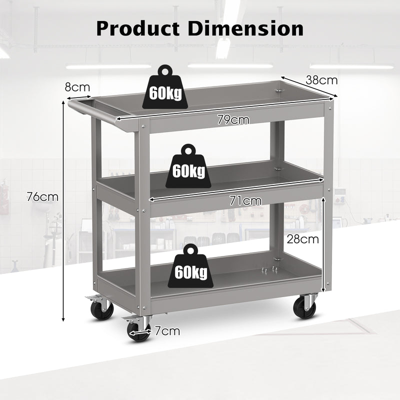 Carro de herramientas de 3 niveles con asa y ruedas bloqueables, color gris