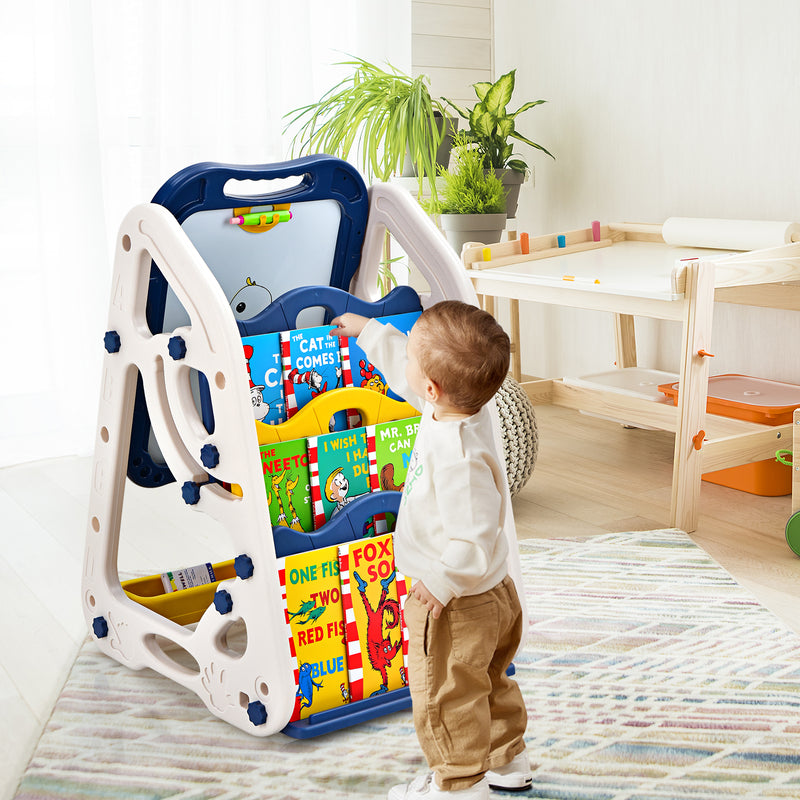 Caballete de arte para niños 3 en 1 con bandeja de almacenamiento tipo estantería y accesorios de arte, color azul