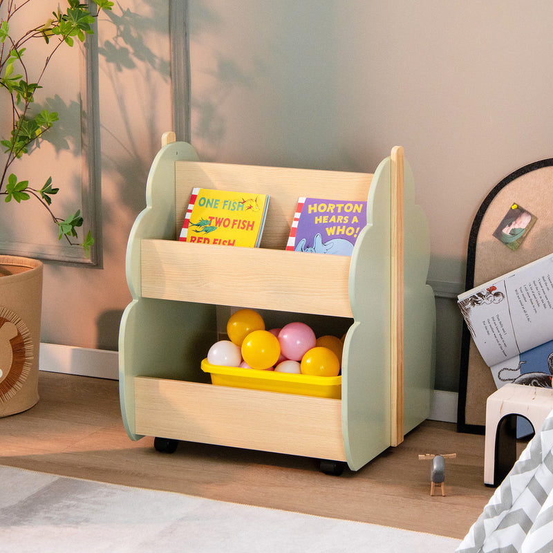 Kids Wooden Bookshelf with Universal Wheels-Green