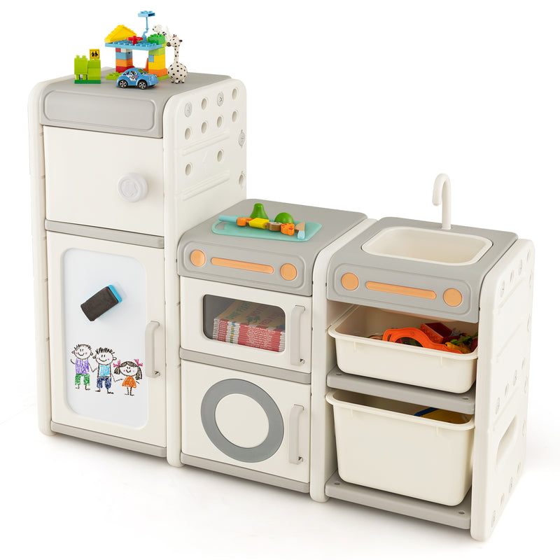 Organizador de juguetes para niños con pizarra magnética, fregadero y grifo extraíbles, color beige