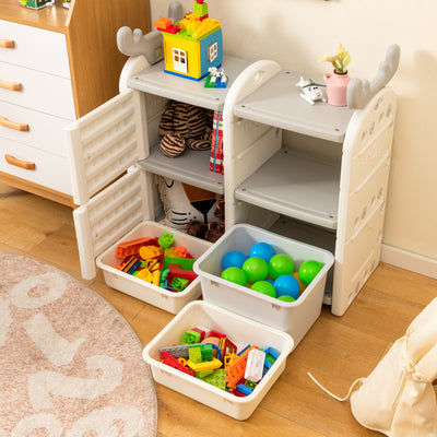 Kids Multipurpose Toy Chest and Bookshelf with Antler Top and Enclosed Cabinets-Grey