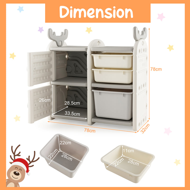 Kids Multipurpose Toy Chest and Bookshelf with Antler Top and Enclosed Cabinets-Grey