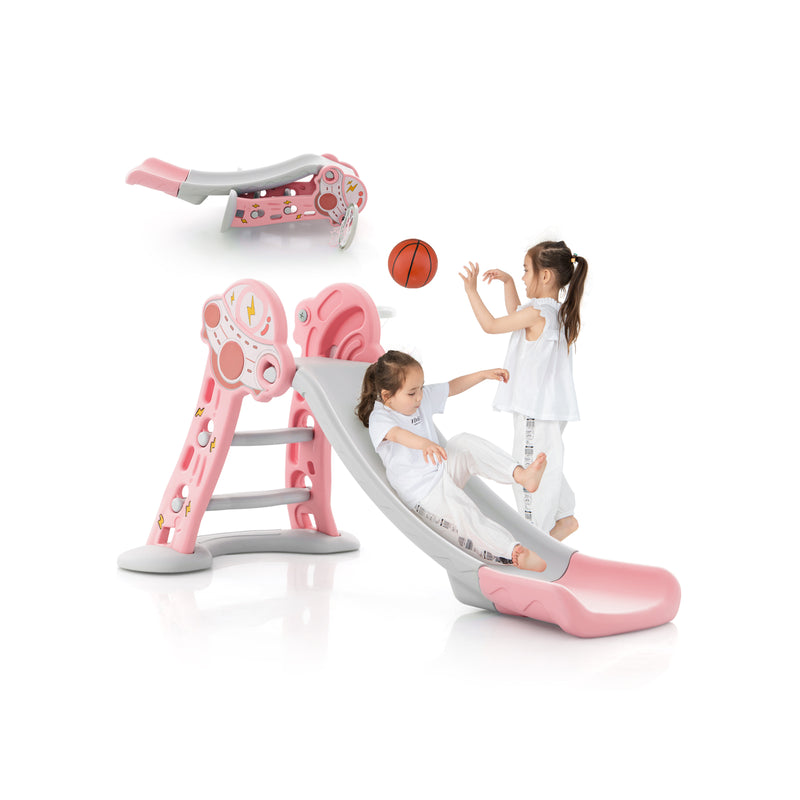 3-in-1 Indoor Slide with Basketball Hoop &amp; Small Basketball for Kids-Pink