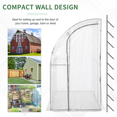 Outsunny Outdoor Walk-In Lean to Wall Greenhouse with Zippered Roll Up Door and PE Cover, 214L x 118W x 212Hcm, White