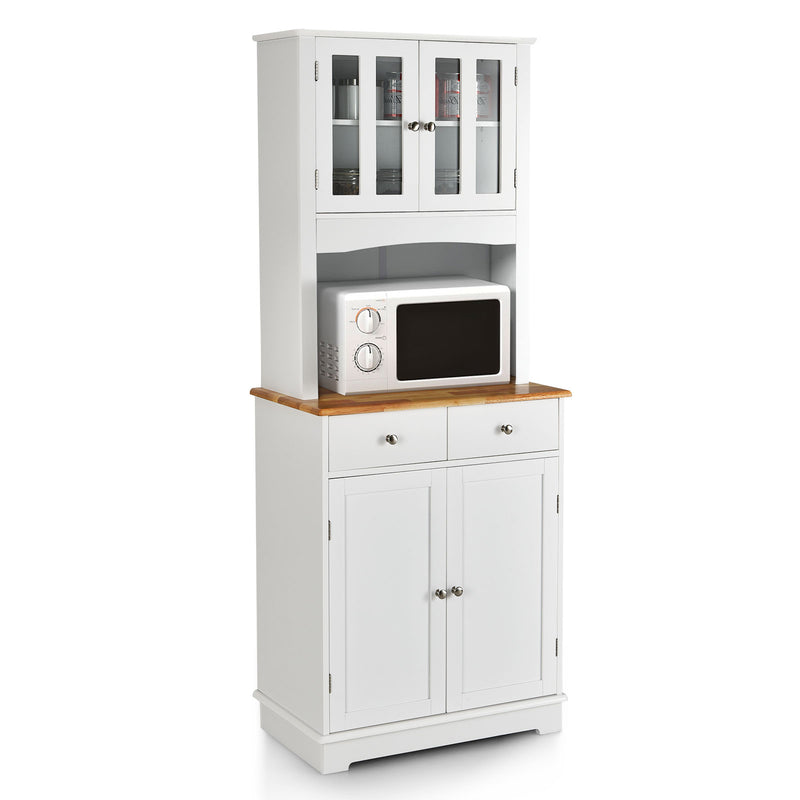 Tall Kitchen Pantry Cabinet with Wood Countertop and Adjustable Shelves-White