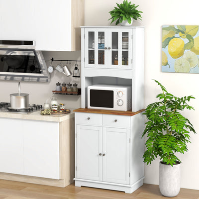 Tall Kitchen Pantry Cabinet with Wood Countertop and Adjustable Shelves-White