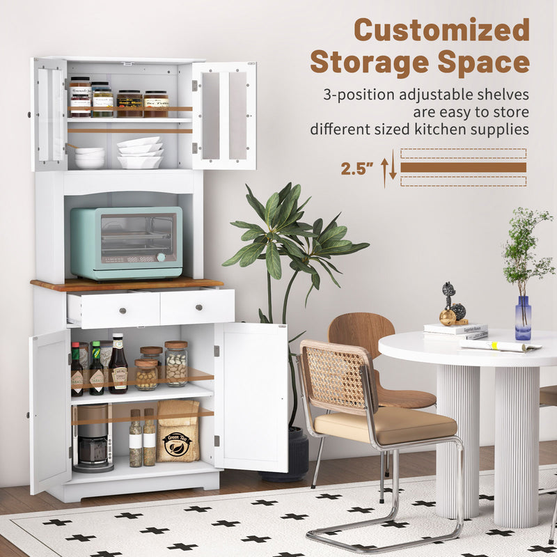 Tall Kitchen Pantry Cabinet with Wood Countertop and Adjustable Shelves-White