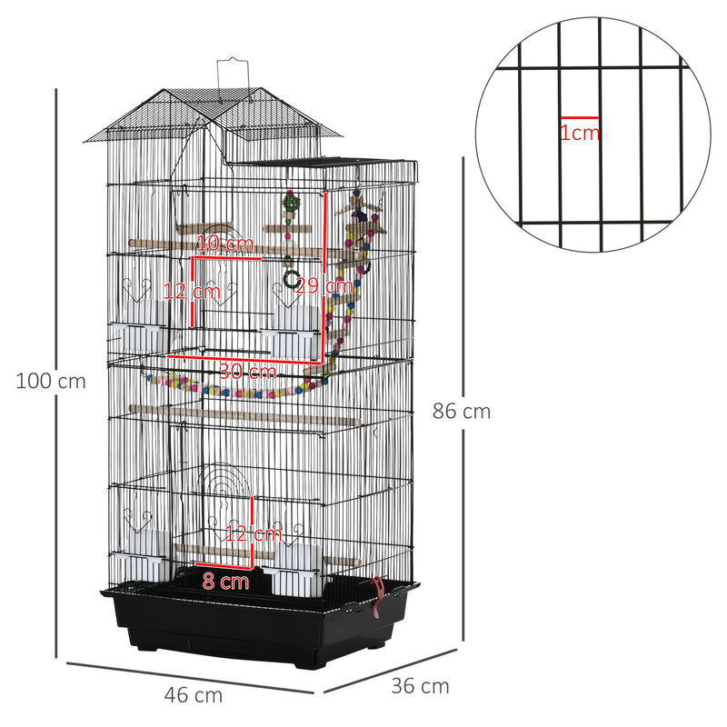 PawHut Bird Cage for Budgies Finches Canaries with Accessories, Toys, Tray, Handle, 46 x 36 x 100 cm, Black