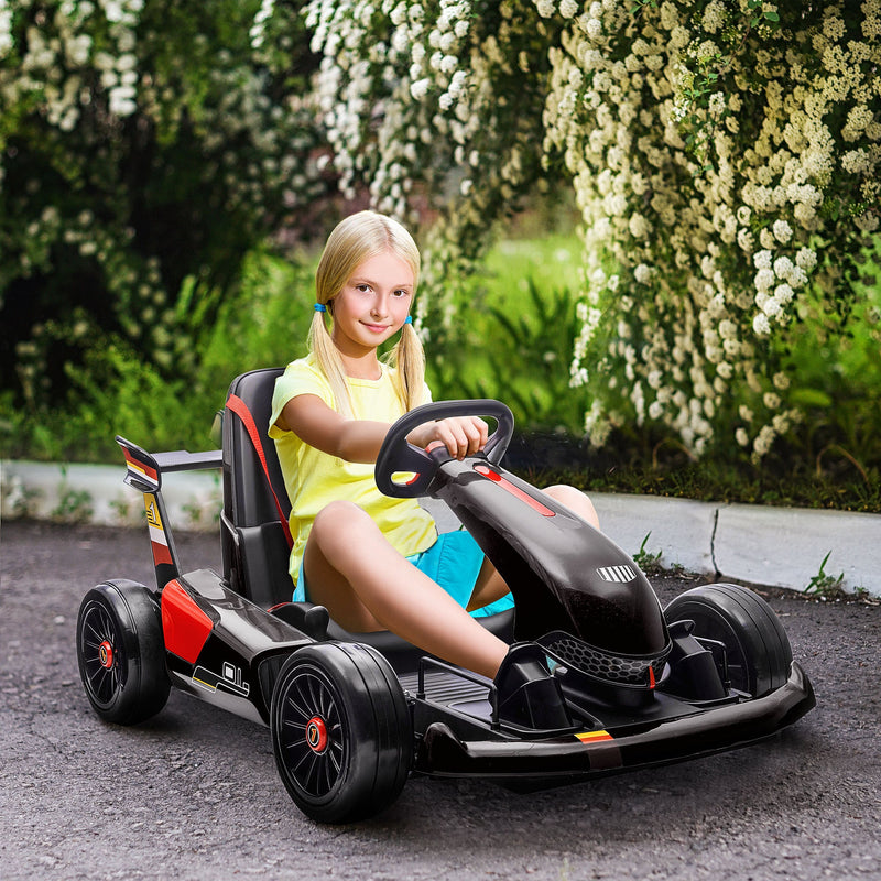 HOMCOM Electric Go Kart with Adjustable Footrest, Reversing Steering Wheel, Kids Ride-On Racing Go Kart with 12V Rechargeable Battery, 2 Speeds Black