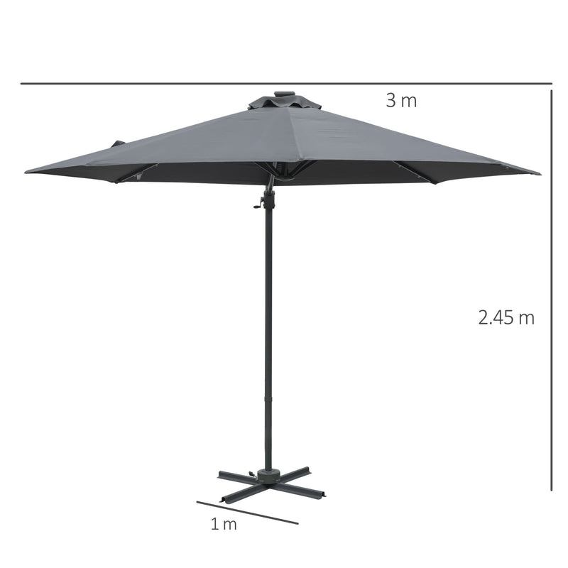 Outsunny 3(m) Cantilever Roma Parasol Patio Sun Umbrella with Crank & Tilt LED Solar Light Cross Base 360° Rotating Outdoor, Dark Grey